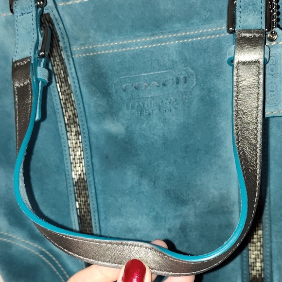 Coach 8B31 Torqoise Blue Suede Tote Gunmetal Beaded Zipper Shoulder Bag - Picture 10 of 17